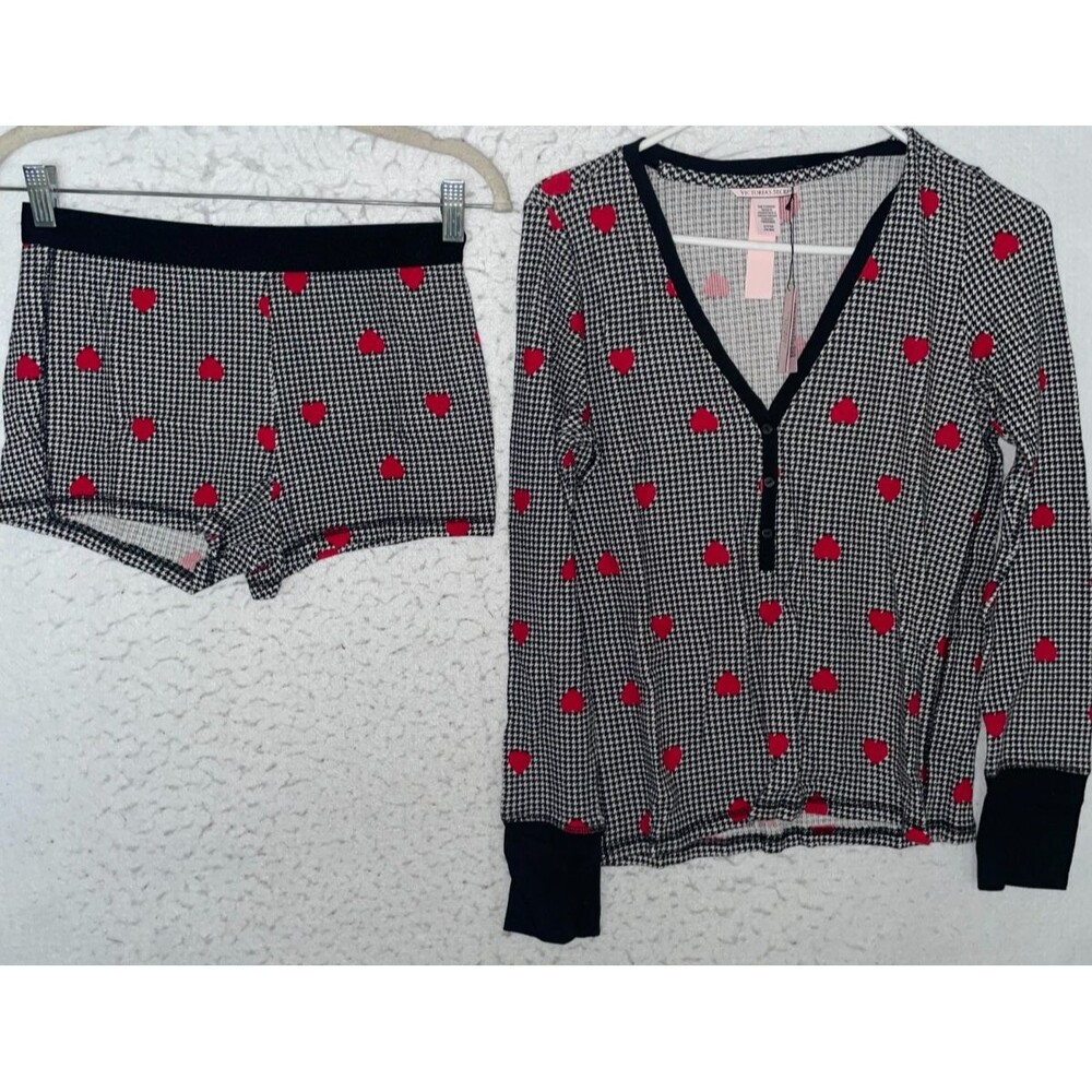 Victoria Secret Thermal Short Pajama Set Sz S Henley Long Sleeve top Cotton New
